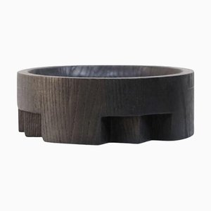 Small Burnt and Wazed Oak Black Disk Tray by Arno Declercq