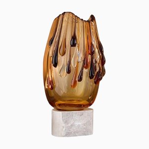 Lagoon Tears Gradient Medium Amber Glass Vase with Marble Base by Aina Kari