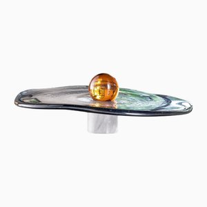 Amber Glass Sphere on Swirling Marbled Blue-Grey Glass Base by Aina Kari