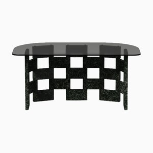 Oval Coffee Table with Dark Marble Base and Smoky Glass Top by Antonio De Marco