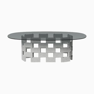 Oval Coffee Table with White Marble Base and Smoky Glass Top by Antonio De Marco