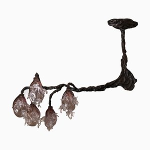 5 Spheres Bronze and Hand Blown Colored Glass Chandelier by Emilie Lemardeley