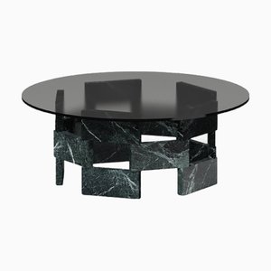 Round Coffee Table with Green Marble Base and Smoky Glass Top by Antonio De Marco