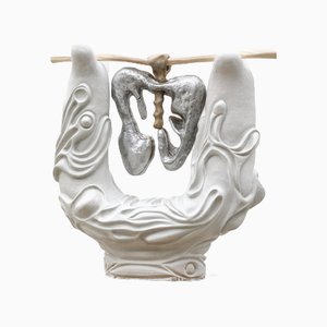 One of the Kind White Stoneware and Natural Wood Sculpture by Eglė Šimkus