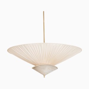 Lampada a sospensione piccola in tessuto beige e ottone di Elsa Foulon