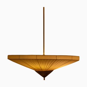 Lampada a sospensione media in tessuto beige e ottone di Elsa Foulon