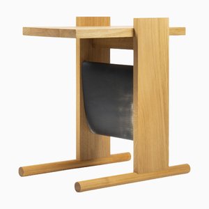 Kangaroo Side Table with Natural Ash Wood and Black Leather by Antonio De Marco