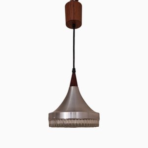 Deutsche Vintage Deckenlampe mit Aluminiumgehäuse, Gemustertem Glasschirm auf Teakholz Fassung von Sölken, 1970er