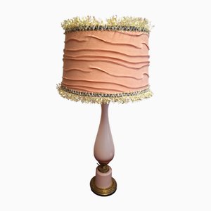 Vintage Table Lamp with Salmon-Colored Glass Column on Bronze Mount and a Handmade Fabric Shade from Lamplove, 1970s