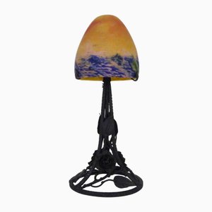Lámpara hongo Art Déco con base de hierro forjado y esfera de pasta de vidrio de Lagny, años 20