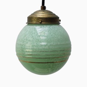French Clichy Green Reeded Glass Pendant Lamp