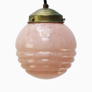 Französische Clichy Hängelampe aus Reeded Glas in Rosa