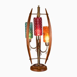 Große Mid-Century Tischlampe mit Verschiedenfarbigen Glasschirmen & Holzelementen, Usa, 1960er