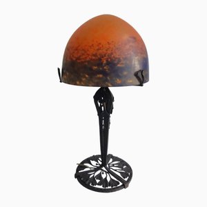 Lampada Art Déco in ferro battuto e foglie di ginko attribuita a Muller Frères per Muller Freres / Edgar Brandt, anni '30
