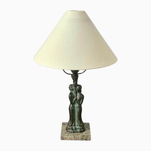 Lámpara de mesa Grace escandinava de bronce con base de mármol verde, años 30