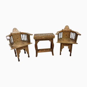 Chaise et Table de Jeux en Damas, 1930s, Set de 3