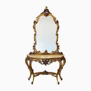 Table Console IBaroque Vintage et Miroir à Crête avec Plateau en Marbre, Italie