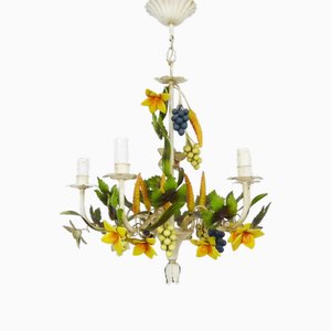 Painted Metal Chandelier with Wheat Ears, Foliage, Flowers, and Bunches of Grapes with 5 Lights. 1970s