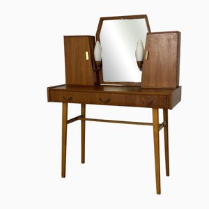 Mid-Century Danish Teak, Beech and Brass Dressing Table with Integrated Lamps, 1950‘s