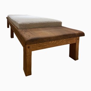 Oak Bench with Ecru Bouclé Fabric Seat, 1970s