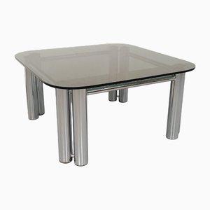 Vintage Space Age Italian Square Coffee Table in Smoked Glass and Chrome Metal, 1970s