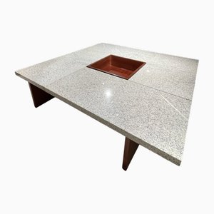 Square Coffee Table in Rosewood with Thick White/Grey Veined Granite Top and Central Wooden Tray, 1950s
