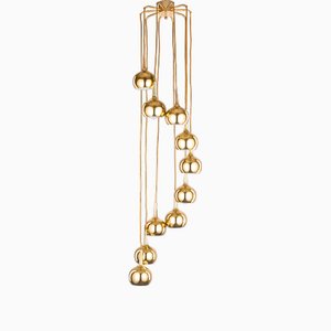 Vintage Cascade Pendant Lamp with 10 Brass Teardrop Lampshades attributed to Hans-Agne Jakobsson for Markaryd, Sweden, 1970s