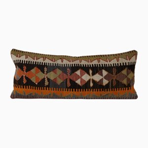Turkish Lumbar Kilim Cushion Cover in Wool Striped Geometric Pattern