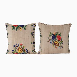 Bohemian Aubusson Camel Wool Kilim Cushion Set, Set of 2