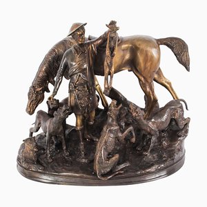 Groupe de Chasseurs & Chiens avec Renard, Fin du 20e Siècle, Bronze