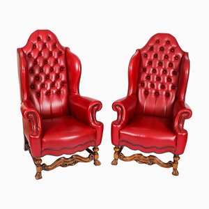 Set of Crimson Leather Chippendale Armchairs, 1920
