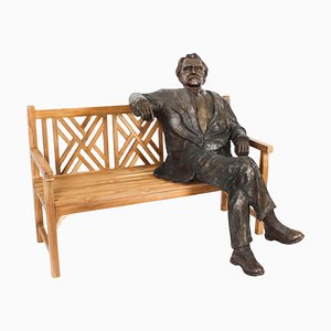 Vintage Life Size Sculpture of Albert Einstein on a Garden Bench, 20th Century, Bronze on Teak