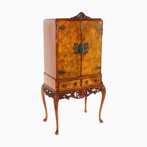 Vintage Cocktail Cabinet in Burr Walnut with Glassware, 1930s, Set of 18