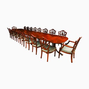 Vintage Pillar Mahogany Dining Table and Federal Chairs, Set of 19