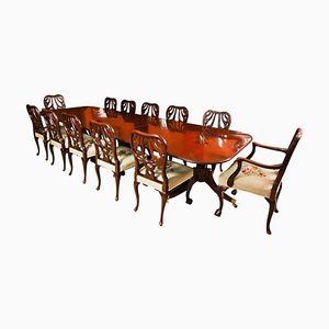 Antique George III Triple Pillar Dining Table and Chairs, 1700s, Set of 13