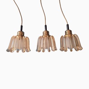 Mid-Century Pendant Lights in Brass and Amber-Colored Glass from Doria, Set of 3