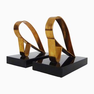 Art Deco Modernist Gold Starry Bookends on Black Marble Bases, 1930s, Set of 2