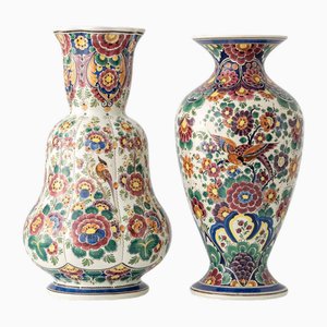 Jarrones Delft Chinoiserie vintage policromados de Velsen, años 50-60. Juego de 2
