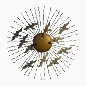 Sculpture Sunburst Mid-Century Moderne en Métal avec Oiseaux en Vol, 1970