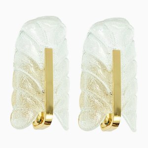 Scandinavian Glass & Brass Leaf Wall Lights by Carl Fagerlund for Orrefors, Sweden, 1960s, Set of 2