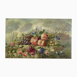 Vittorio Landi, Natura morta con frutta e fiori, Italia, XX secolo, Olio su tela