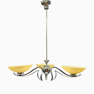 Lustre Art Déco en Chrome avec Abat-jours en Verre, 1930s
