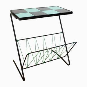 Small Mid-Century Side Table with Magazine Rack and Earthenware Checkerboard Top, 1950s