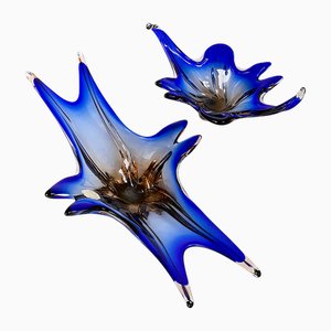 Cuencos de cristal de Murano azul cobalto hechos a mano, Italia, años 70. Juego de 2