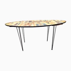 Couchtisch mit Eisen & Messing Beinen, Siebdruck Holzplatte mit Gio Pomodoro Design, 1950er