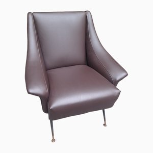 Fauteuil en Eco-Cuir Marron Foncé, Pieds en Fer et Finition en Laiton par Gigi Radice pour Minotti, 1950s