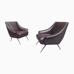 Fauteuils en Eco-Cuir Marron Foncé, Pieds en Fer et Finition en Laiton par Gigi Radice pour Minotti, 1950s, Set de 2