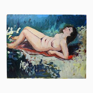 Desnudo pequeño de mujer reclinada, años 50, óleo sobre tabla