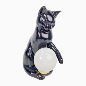Vintage Mid-Century Cat Sphere Tischlampe aus Keramik & Opalglas, 1970er