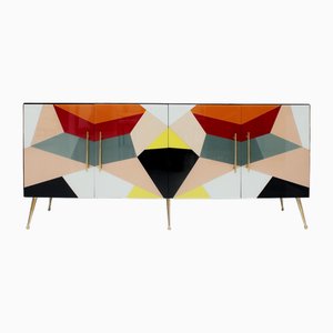 Credenza geometrica Mid-Century in vetro e ottone, Italia, anni '90